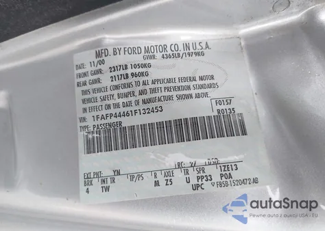 2001 Ford Mustang из США, поврежденный, VIN 1FAFP44461F132453